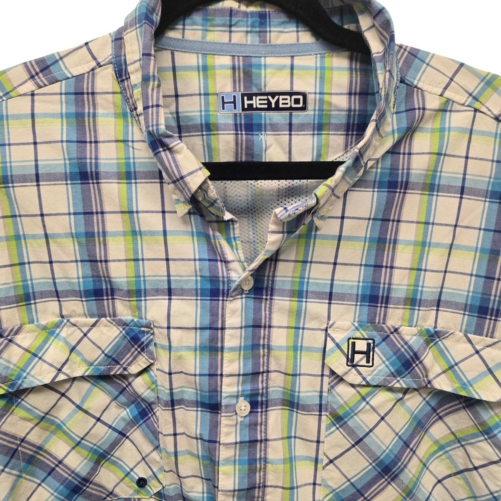 Heybo Mens XL Blue Green Plaid Vented Performance Fishing Button Down Shirt